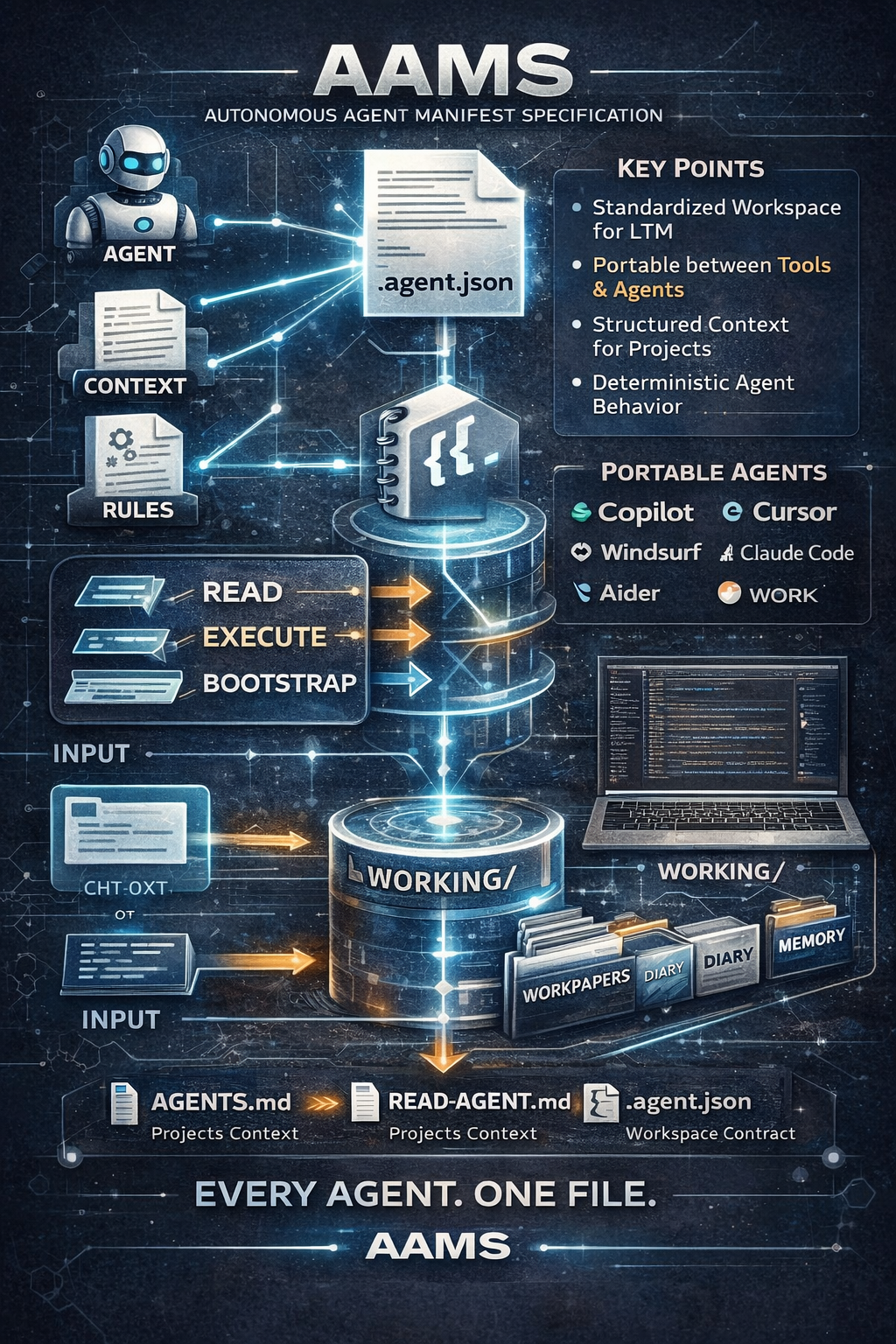 AAMS Funktionsdiagramm — .agent.json als Zentrum, WORKING/ als Output